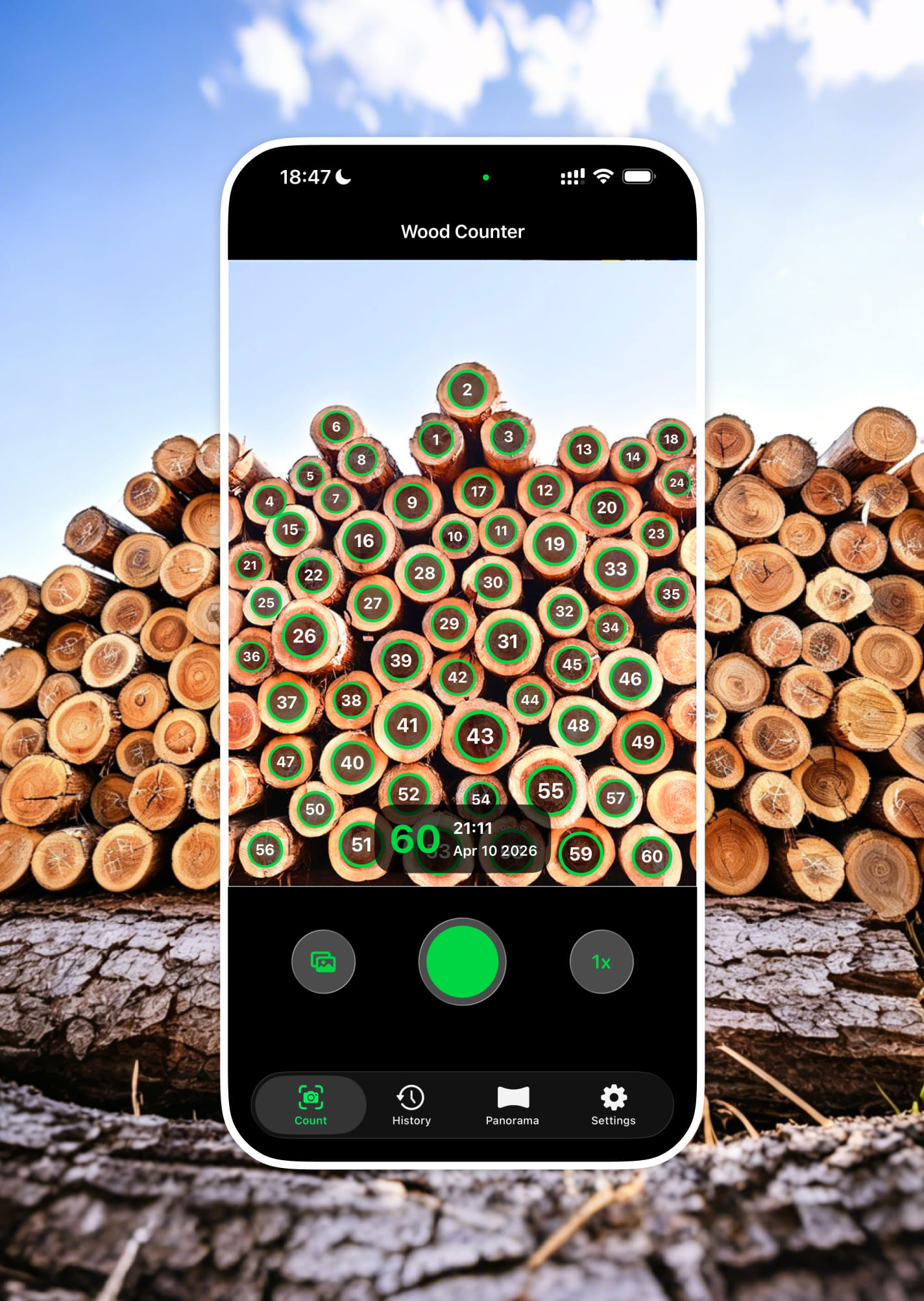 LumberCounter app screenshot with automatic log counting overlay